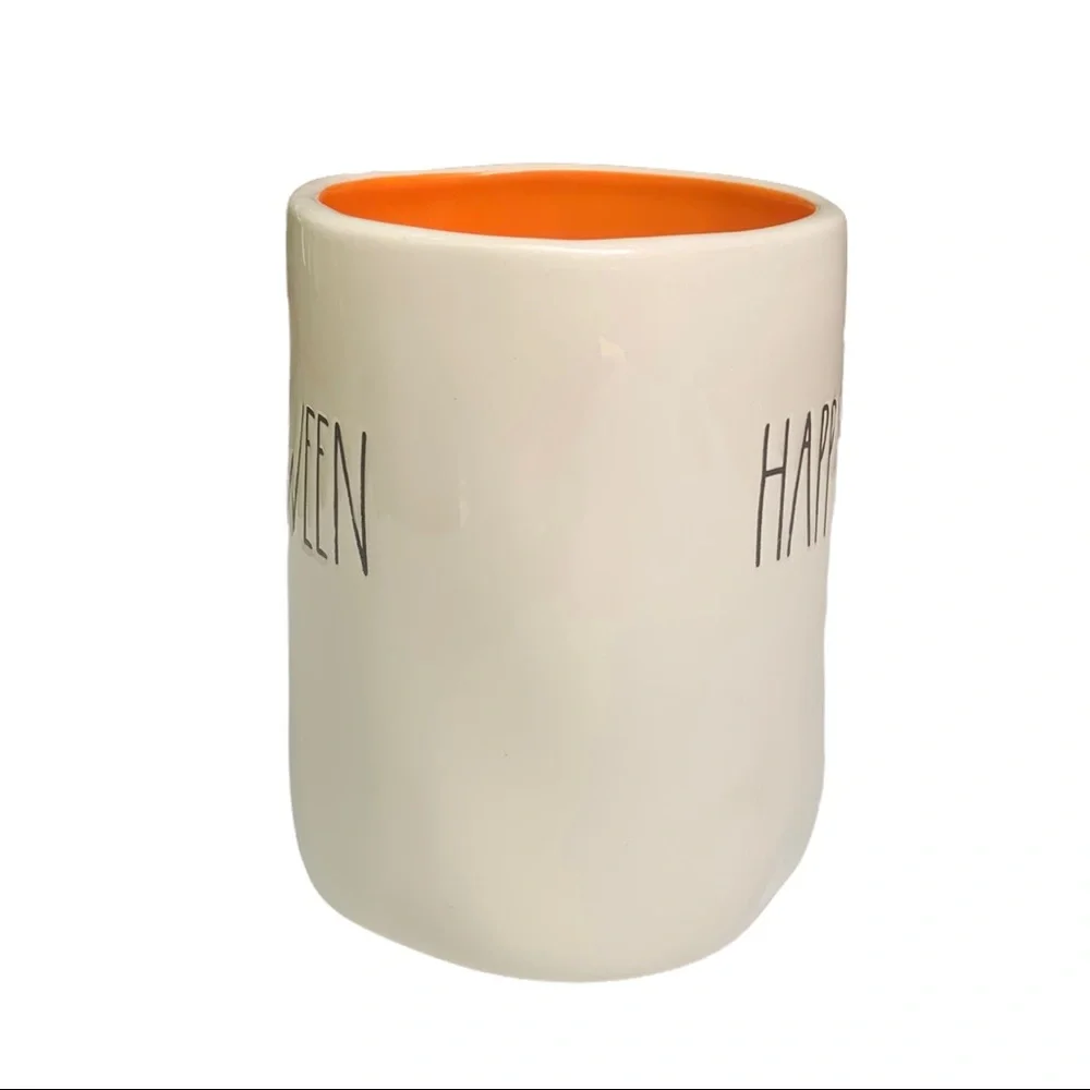 Rae Dunn HAPPY HALLOWEEN Mug Double Sided White Orange Interior NWT 2017 OG - Picture 8 of 14